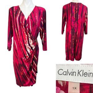 Calvin Klein wrap dress plus 1x pink multicolor 3/4 sleeve knee‎ length office